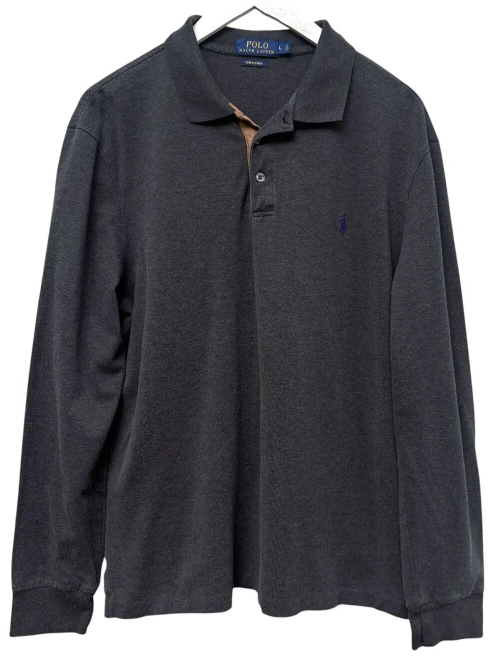 POLO Ralph Lauren Long Sleeve Polo Shirt Large Gray w/ Purple Pony Pique Suede